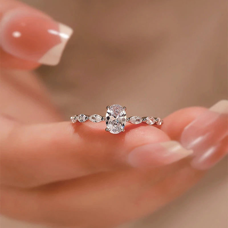 Silver Oval Ring Exquisite Zircon Stones