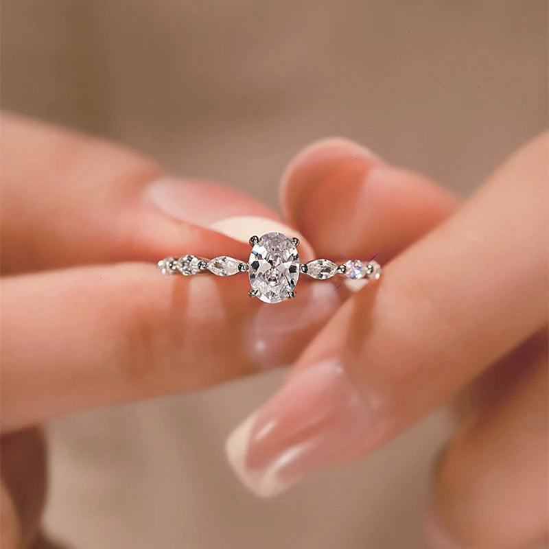 Silver Oval Ring Exquisite Zircon Stones